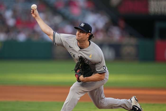 Yankees SP Gerrit Cole pitching against Los Angeles Angels